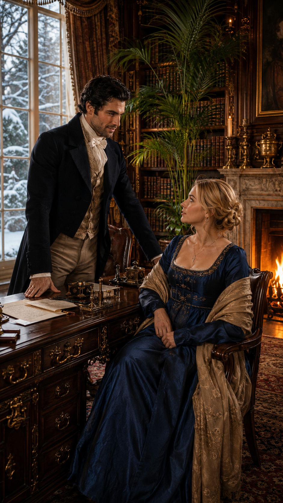 Alexander and Phillipa in a firelit library, from The Spy Who Kissed Me