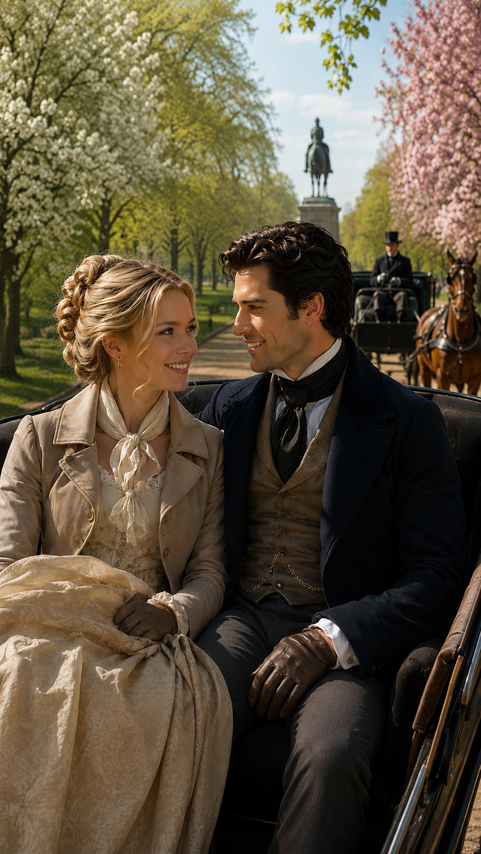 Phillipa and Alexander riding through Hyde Park in spring