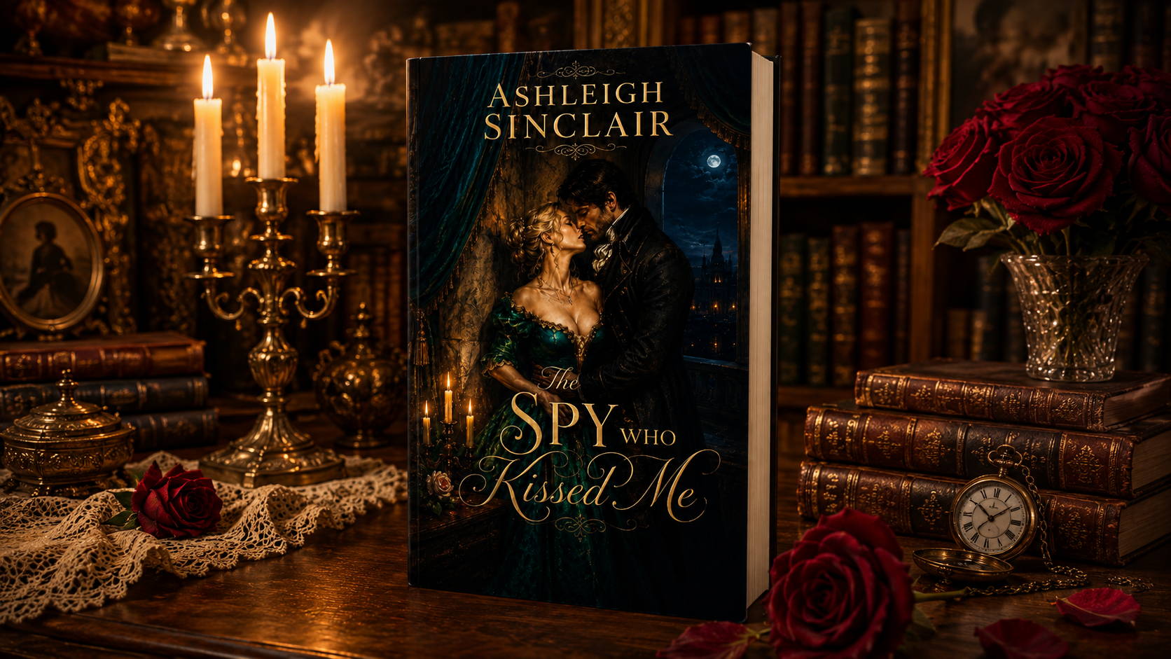 The Spy Who Kissed Me by Ashleigh Sinclair — hardcover on a candlelit desk with red roses